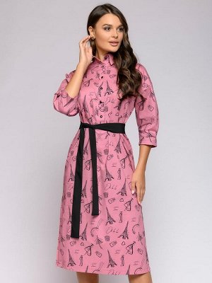 Платье-рубашка розовое длины миди с отложным воротником и поясом