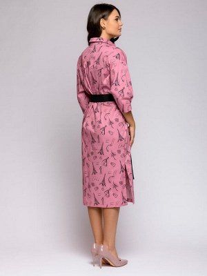 Платье-рубашка розовое длины миди с отложным воротником и поясом