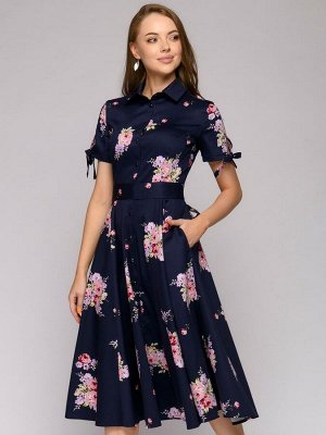 Платье-рубашка темно-синее  длины миди с короткими рукавами и цветочным принтом
