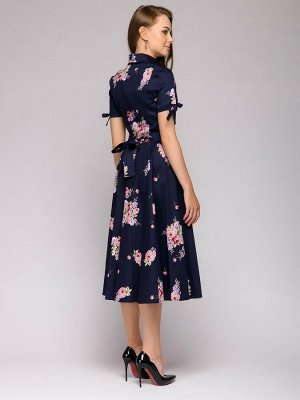 Платье-рубашка темно-синее  длины миди с короткими рукавами и цветочным принтом