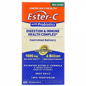 American Health, Ester-C с пробиотиками, комплекс для поддержки пищеварения и иммунитета, 60 растительных таблеток