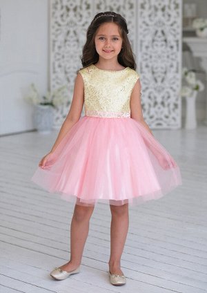Нарядное платье с контрастной юбкой из однотонной ткани, цвет зол.розовый