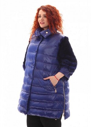 Женская куртка длинная синяя с мехом песца, арт. R-15-002, холлофайбер
