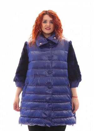 Женская куртка длинная синяя с мехом песца, арт. R-15-002, холлофайбер