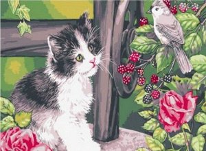 "Котенок с птичкой в ежевике" живопись на холсте 30х40см
