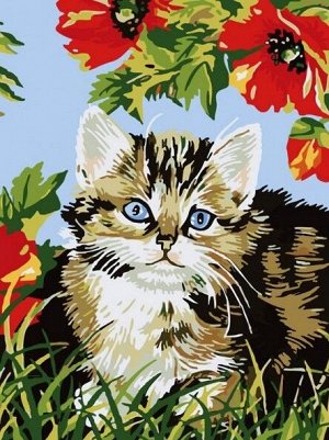 "Котенок в цветах" живопись на холсте 30*40см
