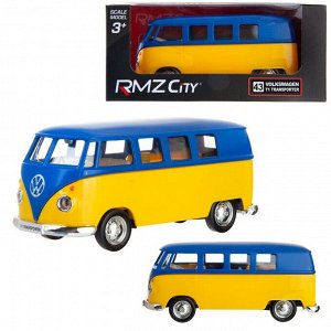 554025M(G) Машинка металлическая Uni-Fortune RMZ City 1:32 Автобус инерционный Volkswagen Type 2 (T1) Transporter, цвет матовый синий с желтым, 16,5*7,5*7 см