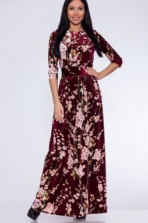 Платье 317 "Велюр цветной", светло-бордовый/цветы