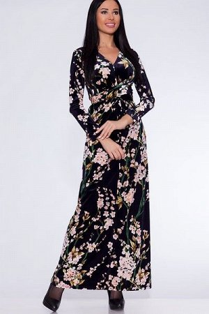Платье 305 "Велюр цветной", баклажан/цветы
