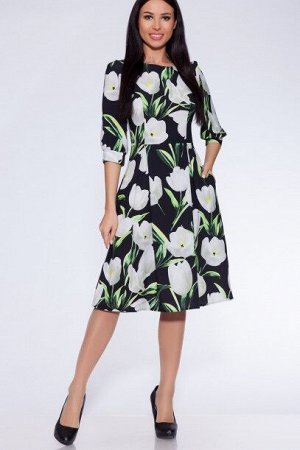 Платье 238 "Креп-шифон", черный фон/белые крупные тюльпаны