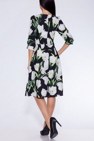 Платье 238 "Креп-шифон", черный фон/белые крупные тюльпаны