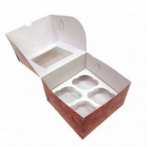Коробка для 4 капкейков "Снежинки" красная, с окном