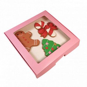 Коробка для печенья 21*21*3 см, Розовая с окном