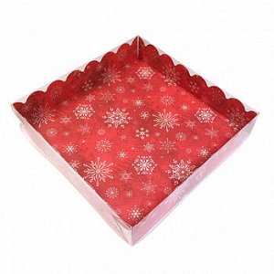 Коробка для пряников с прозрачной крышкой "Снежинки на красном", 15*15*3 см