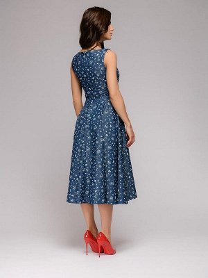 Платье темно-синее длины миди с принтом и V-образным вырезом