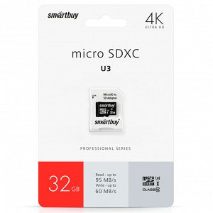 Карта памяти Micro SDHC Smartbuy 32GB Class10 PRO U3 R/W:95/60 MB/s (с адаптером SD) SB32GBSDCL10U3L-01