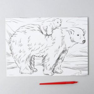 Гравюра «Медведица и медвежонок» A4, с металлическим серебряным эффектом