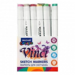 Набор двухсторонних маркеров для скетчинга Mazari Vinci 12 цветов Flowers colors (цветочная гамма), пишущие узлы 1.0-6.2 мм