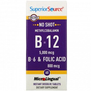 Superior Source, No Shot B-12 (метилкобаламин), витамин B6 и фолиевая кислота, 5000 мкг/800 мкг,60 быстрорастворимых таблеток MicroLingual