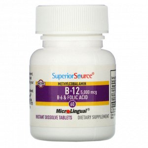 Superior Source, No Shot B-12 (метилкобаламин), витамин B6 и фолиевая кислота, 5000 мкг/800 мкг,60 быстрорастворимых таблеток MicroLingual