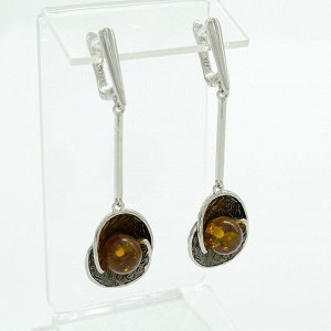 Серьги с янтарём "Шарик в кувшинке" 15*20мм коньячный, 4см, 7,7г
