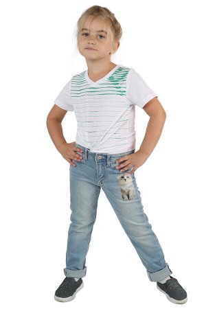 Голубые детские джинсы для девочки – стойкий термотрансфер кошечка №612
