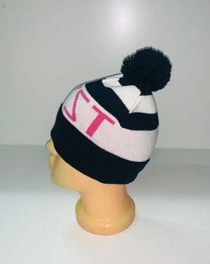 Черно-белая шапка с розовой надписью и помпоном  №4051