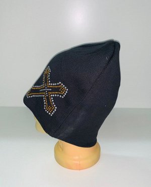 Шапка Темная шапка с крестом из пайеток  №1647