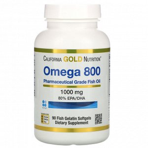 California Gold Nutrition, омега 800, рыбий жир фармацевтической степени чистоты, 80% ЭПК/ДГК, в форме триглицеридов, 1000 мг, 90 рыбно-желатиновых капсул