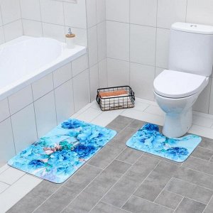 Набор ковриков для ванны и туалета «Флори» 2 шт, 79?49, 49?40 см, цвет голубой