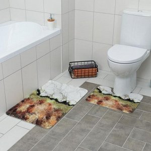 Набор ковриков для ванны и туалета Доляна «Мрамор», 2 шт: 79x50, 50x39 см, цвет коричнево-белый