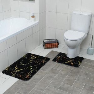 Набор ковриков для ванной и туалета Доляна «Мрамор», 2 шт: 79x50, 50x39 см, цвет чёрный