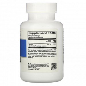 Lake Avenue Nutrition, Витамин E, 400 МЕ, 120 растительных мягких таблеток