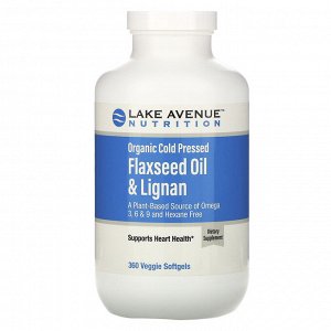 Lake Avenue Nutrition, Органическое льняное масло холодного отжима с лигнанами, без гексана, 360 растительных мягких таблеток