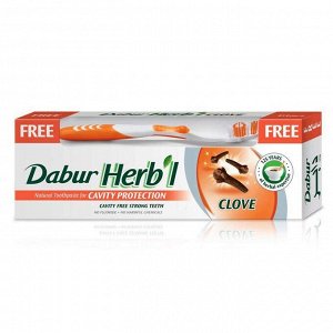 Зубная паста с гвоздикой DABUR HERB'L Toothpaste CLOVE (укрепляющая, защита от кариеса) with Toothbrush + зубная щётка ср. жесткости