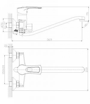 Смеситель для ванны Rossinka T40-34,одноручный, с S-образным изливом 350 мм, хром