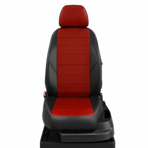Авточехлы для Volkswagen Crafter с 2006-2017 фургон Пассажирское кресло сдвоенное (кресло с молнией под столик), 3 подголовника. середина: экокожа красная с перфорацией. боковины, спинка: чёрная экоко