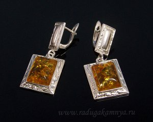 Серьги с янтарем С925 прямоугольник 15*19мм медовый, 8,95гр