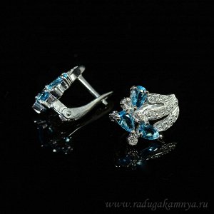 Серьги С925 с родиевым покрытием и голубым топазом 12*15мм,  3,2гр.