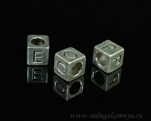 Разделитель-бусина кубик алфавит цв.античное серебро 9*9мм, отверстие 5мм.