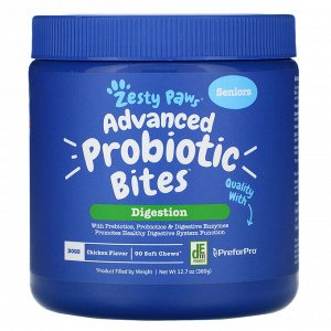 Zesty Paws, Advanced Probiotic Bites for Dogs, Digestion, Seniors, Chicken Flavor, 90 Soft Chews, 12.7 oz (360 g)