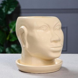 Кашпо "Голова африканки", глазурь, бежевое, керамика, 1.4 л