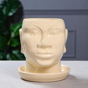Кашпо "Голова африканки", глазурь, бежевое, керамика, 1.4 л