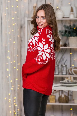 Теплый вязаный свитер Снежка (красный, белый)