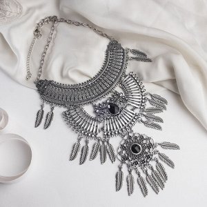 Колье «Одиссея» перья, чёрное в чернёном серебре, 42 см