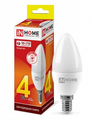 Лампа светодиодная LED-СВЕЧА-VC 4Вт 230В Е14 3000К 360Лм IN HOME