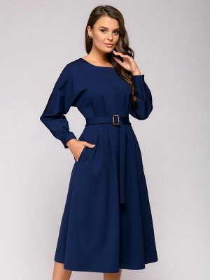 Платье темно-синее длины миди с пышной юбкой и поясом