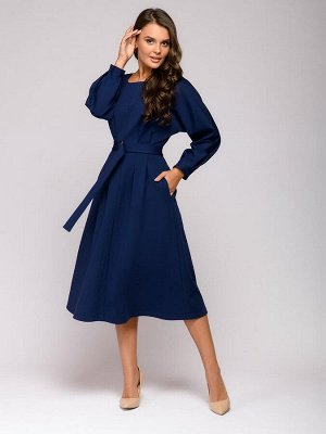 Платье темно-синее длины миди с пышной юбкой и поясом