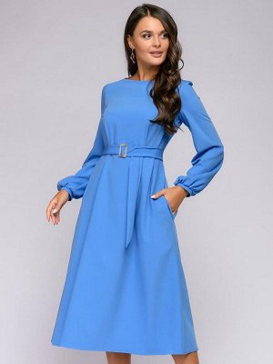 Платье голубое длины миди с объемными рукавами