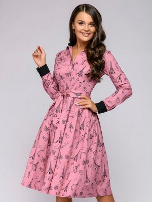 Платье розовое с принтом, отложным воротником и длинными рукавами